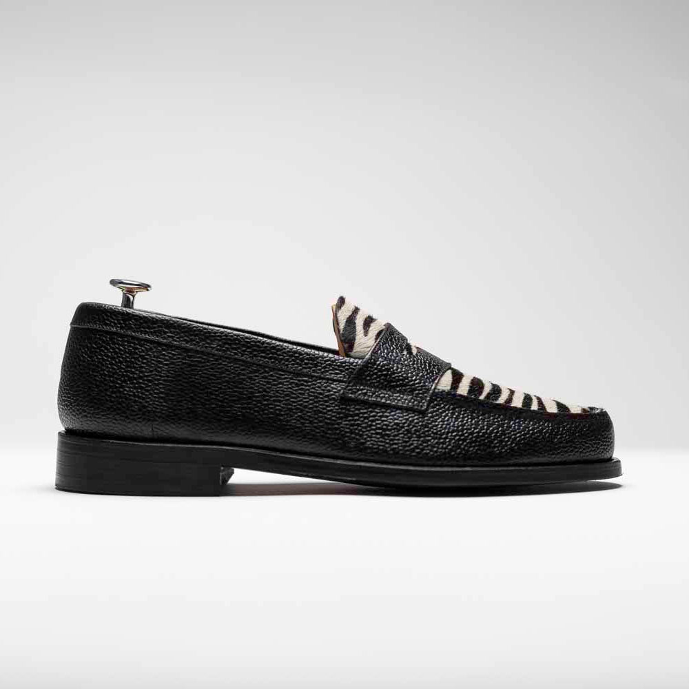 Peter A. - Chaussures Mocassin Cuir Grainé Noir et Pony Zèbre
