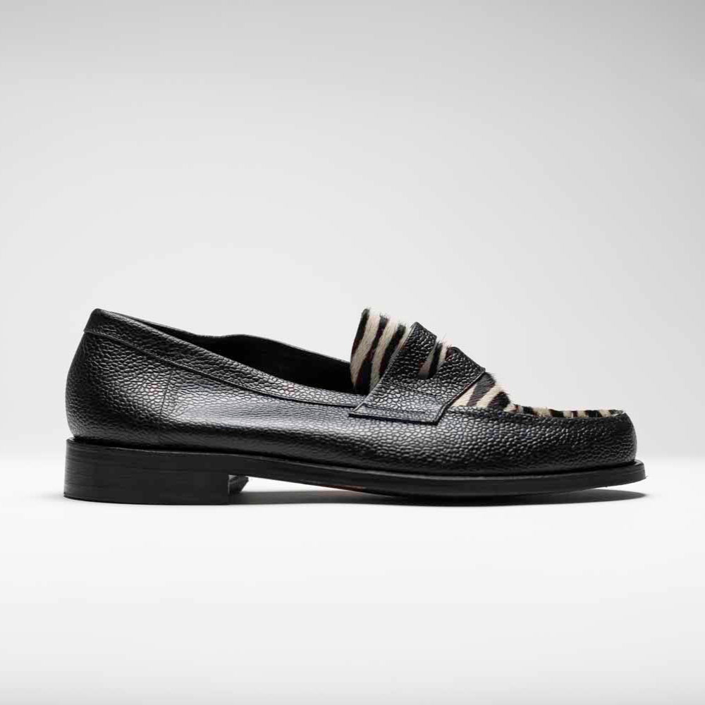 Peter A. - Chaussures Mocassin Cuir Grainé Noir et Pony Zèbre