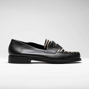 Peter A. - Chaussures Mocassin Cuir Grainé Noir et Pony Zèbre