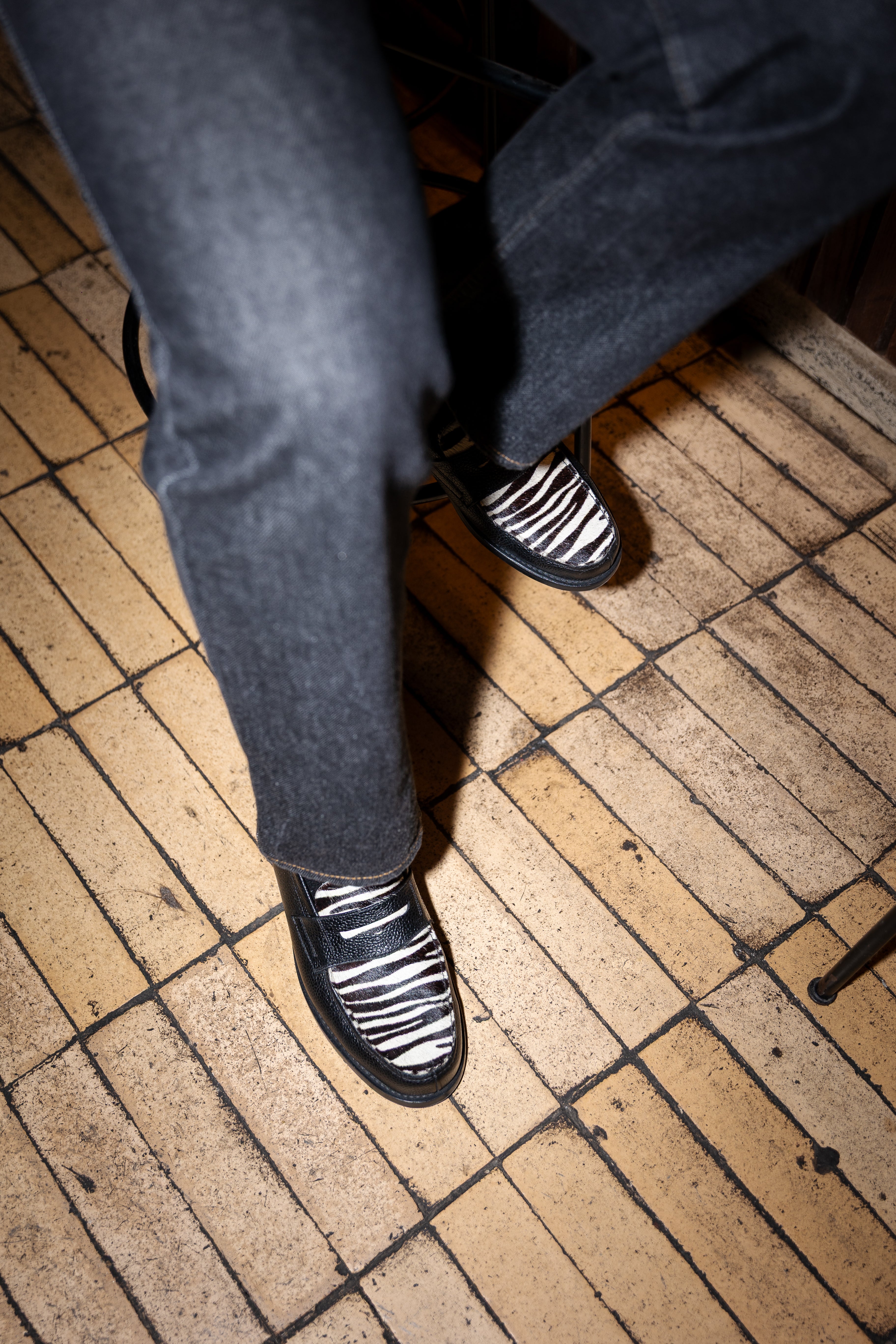 Peter A. - Chaussures Mocassin Cuir Grainé Noir et Pony Zèbre