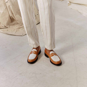 Penny Loafer - Chaussures Mocassin Cuir Blanc et Cognac