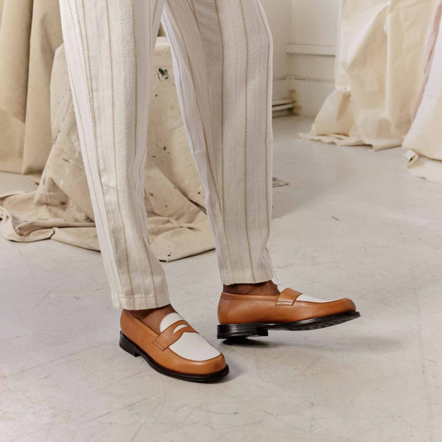 Penny Loafer - Chaussures Mocassin Cuir Blanc et Cognac