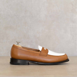 Penny Loafer - Chaussures Mocassin Cuir Blanc et Cognac