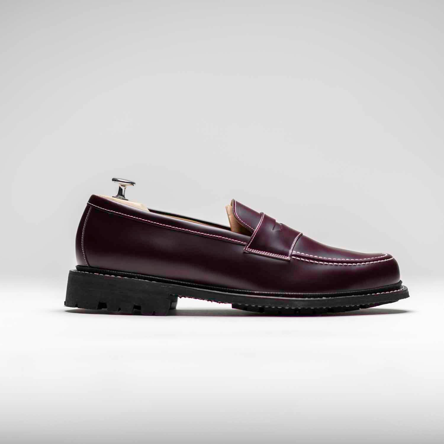 Paul - Chaussures Mocassin Cuir Bordeaux Coutures Blanches